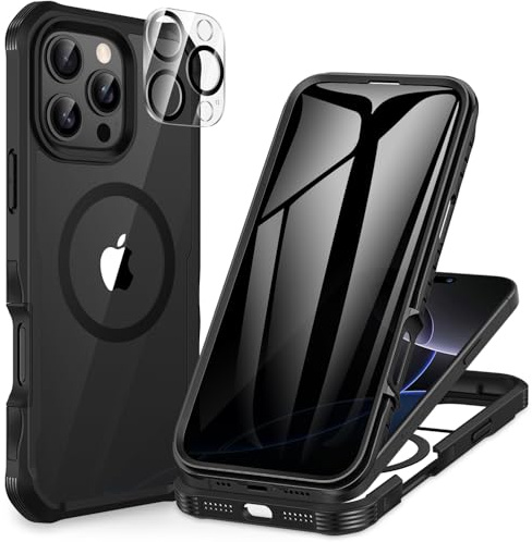 CENHUFO Magnética Antiespia Funda iPhone 16 Pro MAX, Compatible con MagSafe Integrado Privacidad Cristal Templado Pantalla y Protector cámara, 360 Grado Antigolpe Carcasa Capa Doble Cara Case -Negro
