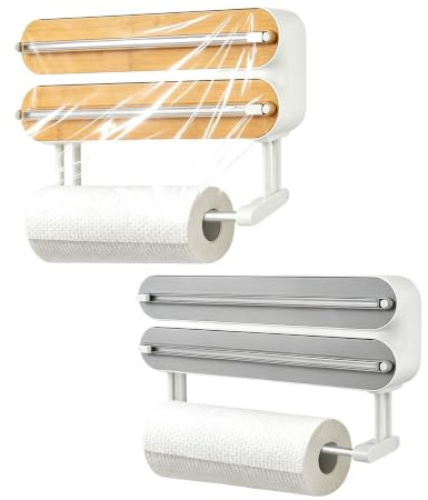 Dispensador de papel de aluminio magnético con cortador 3 en 1, soporte para rollos de papel de aluminio, dispensador de papel para toallas de papel, dispensador de papel para la cocina, color gris