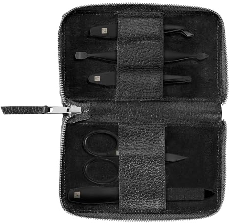ZWILLING Manikyrset (5 delat, tryckknappsfäste i äkta läder, reseset, med nagelsax och nagelbandsskärare), Premium, Black Edition