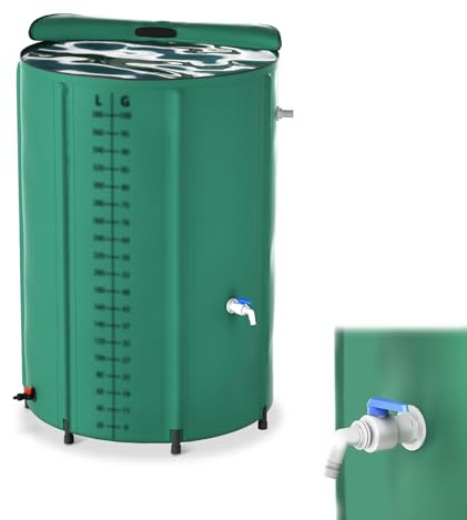 LILIIN Depósito de agua de lluvia plegable de 500 L, depósito de agua de lluvia, depósito de agua con válvula de drenaje, almacenamiento de agua de PVC, incluye rejilla de entrada de agua, 132