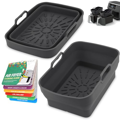2 forros de silicona para freidora de aire NJ Dual AF400UK, accesorios reutilizables de 7.6 a 9.5 L, bandeja de inserción, cesta plegable de doble pila con libro de recetas magnético