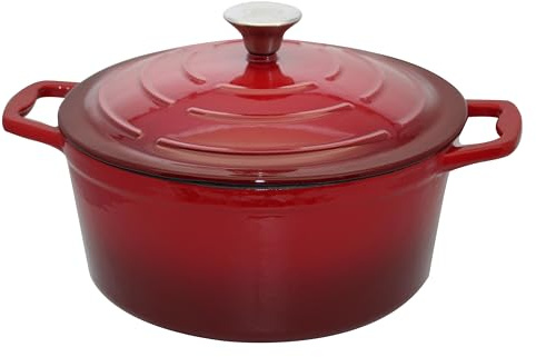 ELO Kochtopf kirschrot 26 cm, Gusseisen - Induktion, emailliert | Rillenstruktur im Deckel, backofenfest, Edelstahlknopf mit Silikonring, robust