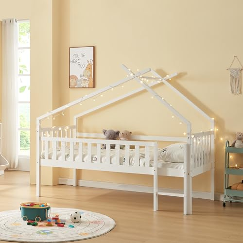 [en.casa] Lit Cabane Lit Enfant Surélevé en Forme de Maison avec Barrière de Protection Échelle Lit Mezzanine avec Sommier à Lattes Bois de Pin Contreplaqué 90 x 200 cm Blanc