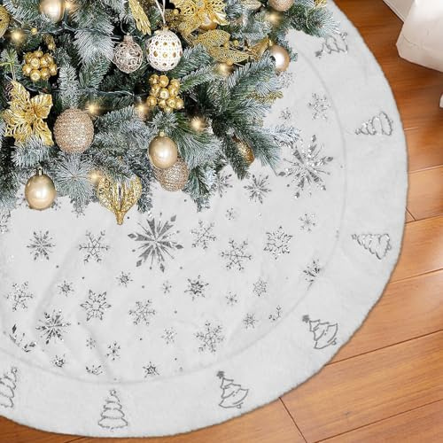 Miaikoe Christmas Tree Skirt, 90CM Silver Snowflake Christmas Trees Splicing White Faux Fur Thick Plush Xmas Tree Skirt for Holiday Christmas New Year Decorations (White/Silver)