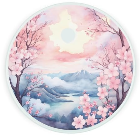 Blossom Mountain Views Round Glass Worktop Saver - Cherry Blossom Landscapes Gifts - Textured Kitchen Chopping Board with Non-Slip Feet 30cm x 30cm (12 x 12)
