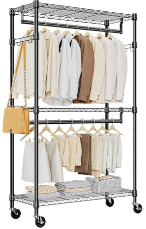 M MZG Robuster rollbarer Kleiderständer mit 3 Ebenen, Verstellbarer Drahtregal, Kleiderständer mit 2 Stangen und seitlichen Haken, Aufbewahrungsschrank Schwarz, 40 x 75 x 189,3 cm