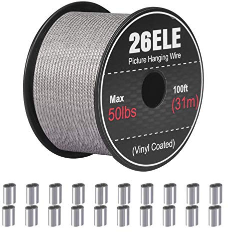 Tolstil Picture Hanging Wire 50lb - Heavy Duty Stainless Steel Rope for Hanging Frame, Mirror, Wall Art - 100 Feet With 20 Aluminum Crimping Sleeves
