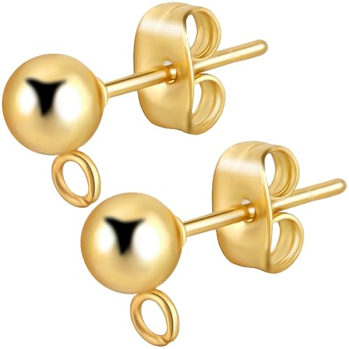 Beebeecraft 1 låda 100 st kulstolpe örhängen dubbar guld örhänge stolpar med ögla små 5 mm runda bollar 24 K guldpläterat rostfritt stål stiftörhänge fynd för smyckestillverkning örhängen tillbehör