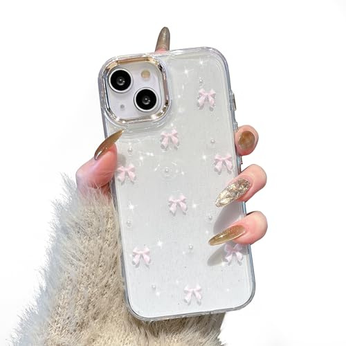 EYZUTAK Skal för iPhone 13/iPhone 14, glittrigt 3D-rosettskal, söt, gnistrande, kristallklar design, tunt, mjukt och hållbart genomskinligt TPU-skal, rosa rosett