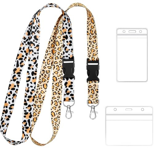 Zonon 2 Sets Schlüsselband Umhängeband mit Kartenhalter Umhängeband Lanyard Schlüsselband und Wasserdichte Transparente PVC Ausweishalter für Ausweis Büro Zubehör Reise(Leoparden Stil)