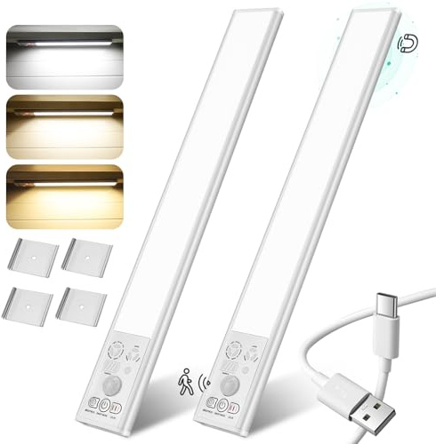 Thlevel Éclairage d'armoire LED avec Détecteur de Mouvement et 3 Températures de Couleur USB Rechargeable et Dimmable pour Armoire Couloir Chambre Cuisine 2 pièces