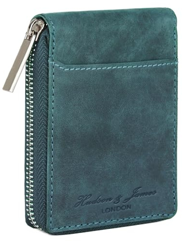 Hudson & James Slim Wallets with Gift Box for Men, Minimalist, RFID Blocking, Leather Wallet with 9 Credit Card Holders, 2 Banknote Compartments Zip Around (Distressed Blue)