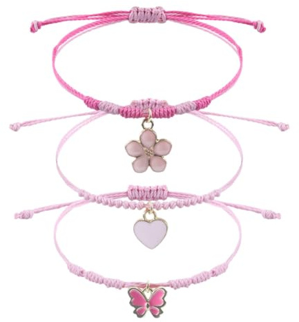 Lot de 3 bracelets de l'amitié pour fille - Bracelet tressé réglable - Bracelet fleurs coeurs papillons pour filles - Cadeaux et pochettes de fête d'anniversaire pour enfantsr - rose