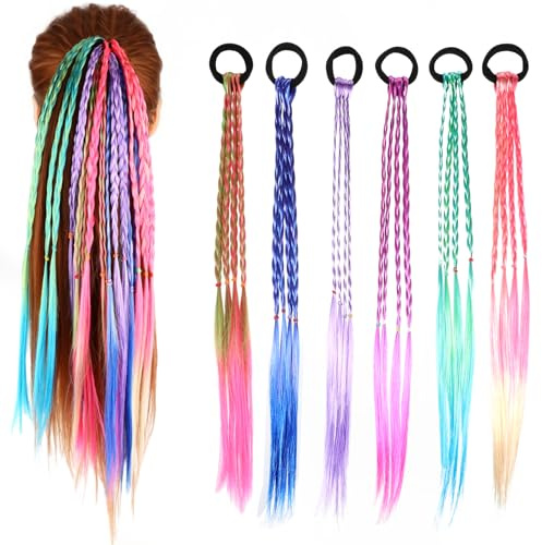 6 Pcs Braids Hair Extensions Colorful Wig Braid Rubber Bands Braided Rainbow Hair Rope Styling Ponytail Holders Hairpieces Cosplay Accessories for Dress Up Party Women Girls