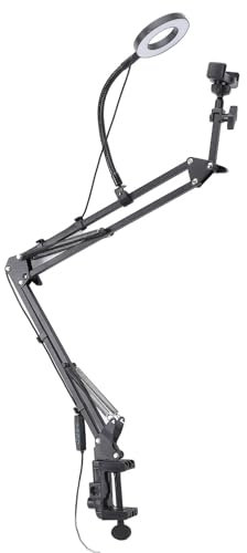 Ring Light with Overhead Phone Mount, Flexible Articulating Arm LED Desk Ring Light with Clamp, LED Selfie Light with Stand and Phone Holder, Desk Light for Video Recording
