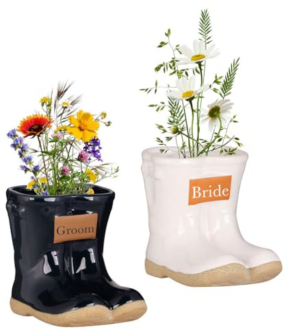 Dibor Ceramic Wellington Boot Plant Pot Set Indoor/Outdoor Plant Pot Herb Seedling Bulb Flower Pot Planter with Bride & Groom Engraved Plaques Couples Wedding Gardening Gift