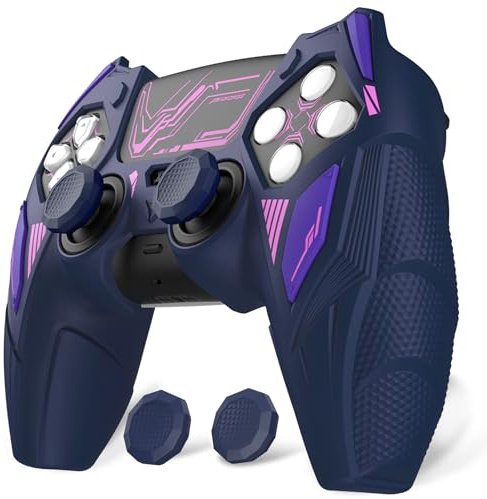 PlayVital Mecha Rhino Silikonhülle für PS5 Controller, Anti-Rutsch-Schutzhülle Case mit Thumb Grips und Aufklebern, Griffe Skin Zubehör für PS5 Wireless Controller Passend zur Ladestation-Blau&Lila