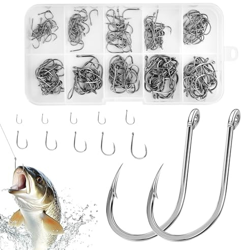 200Pcs Sea Fishing Hooks, High Carbon Steel Barbed Circle Eyed Weedless Fly Small FishHook Fishing Hanging Tackle with Box for Freshwater Saltwater Pike Cod Carp Bass Pollock Conger (10 Sizes 3#-12#)