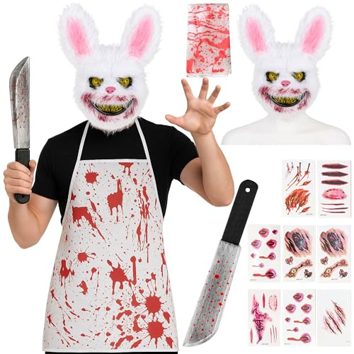 Moonlight Fright Horror Killer Bunny Halloween Costume - Killer Rabbit Costume with Scary Rabbit Mask, Apron, Fake Knife Prop, and Wound Temporary Tattoos - Scary Bunny Halloween Costumes Men