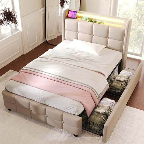 Fppuueg Cama Tapizada 90x200 con Iluminación LED, Cama Infantil con 2 Cajones, Camas Juveniles con Enchufes y Puertos USB, Cama Individual con Láminas de Madera, Lino, Beige, Sin Colchón