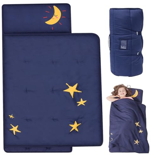 Tappetino per pisolino 20x46 pollici Tappetino per pisolino pieghevole per bambini piccoli con coperta per cuscino Sacco a pelo portatile per bambini con cinghie di fissaggio per piccoli per