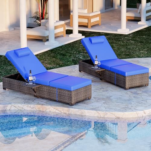 2-Piece Patio Chaise Lounge Set, Outdoor Adjustable Reclining Sun Loungers with PE Wicker & Steel Frame, Water-Resistant Cushions for Poolside, Beach, Backyard, All-Weather Furniture (Blue)
