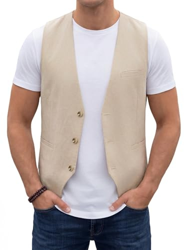 HISDERN Gilet da uomo estivo in cotone e lino con tasche casual e leggero Champagne M