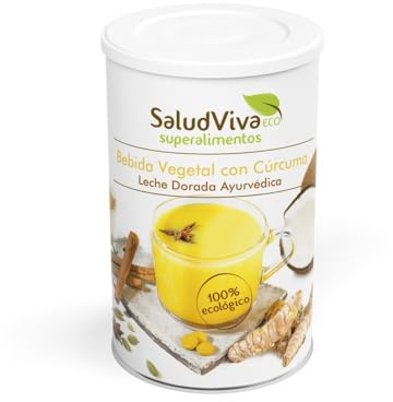 Bebida vegetal con cúrcuma eco SaludViva 320 g | leche dorada ayurvédica en polvo alta en fibra para lattes, frappés y bebidas calientes o frías sin gluten