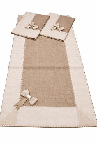 Tris Centri Tavola in Tessuto Effetto Juta con Balza e Fiocco, Made in Italy - Set 3 Pezzi con Centrino 40x80 e 2 Centrini 30x40 - Rustico Country (Tris Centri - Uno 40x80 e Due 30x40, Corda)