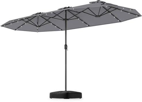 GOPLUS Doppelsonnenschirm 400 x 200 cm, Sonnenschirm mit Ständer & LED Solar, Terrassenschirm mit Kurbel, UPF 30+, Balkonschirm groß, Gartenschirm, Marktschirm Oval für Garten, Terrasse & Pool, Grau