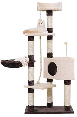 RONGJJ Kratzbaum mittelhoch Kletterbaum mit Sisalstämmen, Höhle & Liegemulde, Katzenbaum Katzenkratzbaum Mit Spielzeug, Coffee