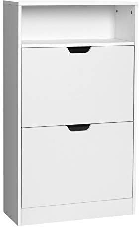 VASAGLE Schuhschrank 2 Klappen, Schuhkipper, Schuhregal, Schuhaufbewahrung, offenes Fach, Trennwand verstellbar, für 8-12 Paar Schuhe, Flur, 24 x 60 x 102 cm, wolkenweiß LBC040W01