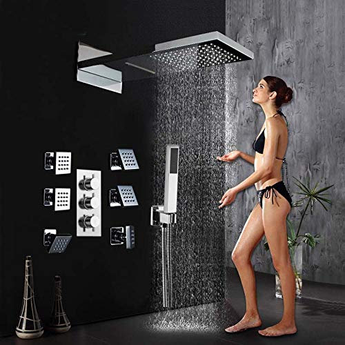 Huin Thermostatisches Badezimmer-Duscharmatur-Set Duschkopf aus gebürstetem Edelstahl mit Massagesprühdüsen ABS-Handbrause