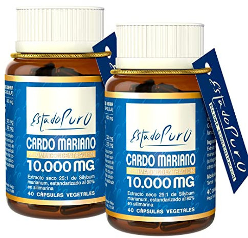 Cardo Mariano Estado Puro 10000mg | Extracto de Semillas Concentrado 25:1 con 80% Silimarina y Colina | Apoyo para el Hígado, Limpieza y Detox | 40 Cápsulas Vegetales de Tongil (Pack de 2)