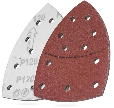 YoiYee 120 Grit Sanding Sheet Set, Mouse Detail Sander Sandpaper, Delta Triangular Sand Paper Pad, Hook and Loop Fastening, 11 Holes, Accessories for Multi-Sander, Red, 10 Pack