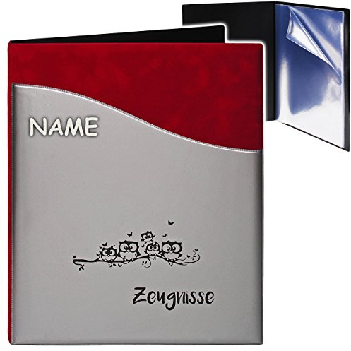 alles-meine.de GmbH A4 - Zeugnismappe/Dokumentenmappe - Zeugnisse lustige Eulen & Schmetterlinge - 3D Samt Velours & Kunst-Leder Effekt - rot/grau - inkl. Name - GE..