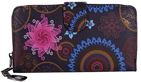 Golden Deer Geldbörse Ethno Blumen Blüten Muster, Vintage Design, Geldbeutel, Portemonnaie, Frauen, Damen mit Reißverschluss und Druckknopf und vielen Fächern, Farbe: Schwarz Rot Blau