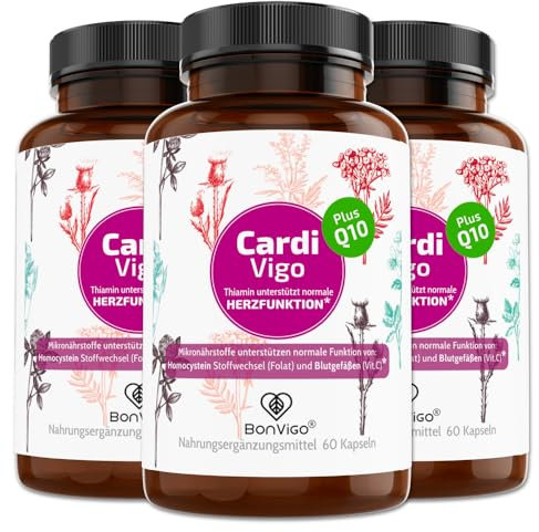 BonVigo® CardiVigo Kapseln mit Q10 - Thiamin B1 unterstützt normale Herz-Funktion, Folat normalen Homocystein Stoffwechsel - Pflanzen Komplex Weißdorn, Crataegutt, Rohkakao, Schwarzer Knoblauch (3)