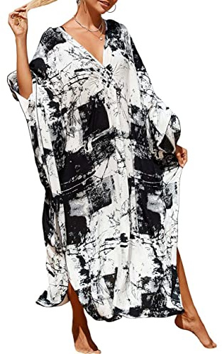 Bsubseach Kaftan, strandklänning, täckkläder för badkläder, dam, plusstorlek, med djurtryck, resortklänning, En Storlek