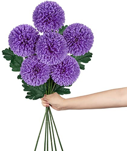 Hollyone 4'' Large Artificial Chrysanthemum Flowers with 24.7'' Long Stem, 6 pcs Purple Fake Silk Flowers Faux Ball Flower for Home Decor, Bridal, Wedding, Party, Garden, Floral Arrangement