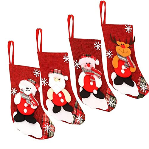 ＣＨＡＭＥＥＮ 4 Stück Weihnachtsstrümpfe, 3D Santa Schneemann Silber Halter, Kleine Weihnachtsstrümpfe Geschenk und Treat Bags Weihnachten Hängende Socken für Weihnachtsbaum,Garten, Haus Dekoration