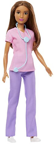 Barbie Professionelle Doktor-Modepuppe mit rosa Oberteil und lila Hose, weißen Schuhen und Stethoskop-Zubehör