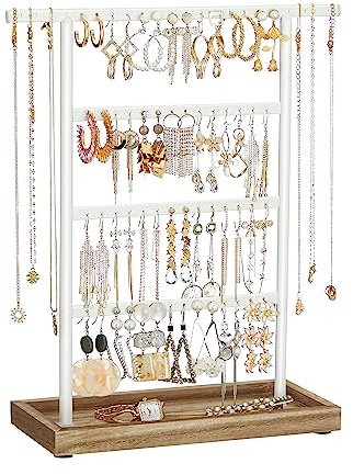 SONGMICS Schmuckständer, Schmuckhalter mit Schmucktablett, 4 Stangen, Kettenständer, Holz-Sockel, Schmuckaufbewahrung für Ohrringe, Ohrstecker, Vintage-Stil, weihnachten, holzfarben-weiß JJS019W01