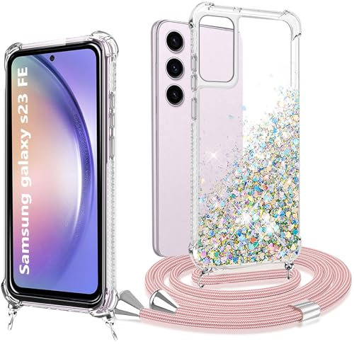 XCYYOO Handykette Samsung Galaxy S23 FE Hülle mit Band Handyhülle Samsung S23 FE mit kette Glitzer Mode Kreatives Handytasche Schutzhülle Flüssig mit Kordel zum Umhängen Handyanhänger Halsband Lanyard
