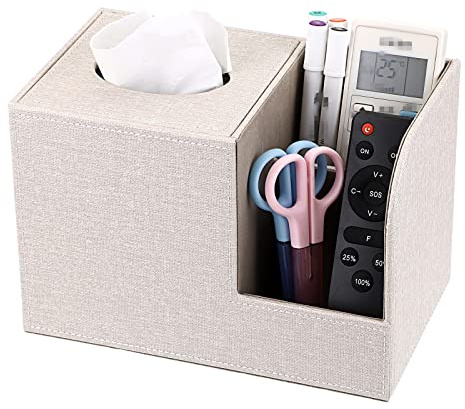 BTSKY Quadratische Taschentuchbox-Abdeckung aus Leinen mit zwei seitlichen Aufbewahrungstaschen für Fernbedienung, Schminktisch, Kosmetik, Stift, Bleistift, Tischwürfel, Taschentuchbox,