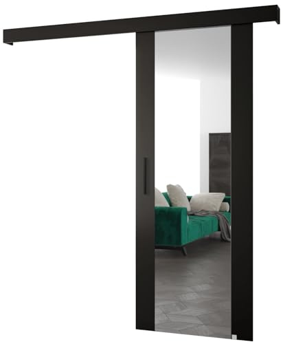 ABIKSMEBLE Salwador 2 Système de Porte Coulissante avec un Cache Rail et Miroir - Portes Coulissantes Murales Intérieures - Construction Solide - 90x204cm - Noir Noir Noir