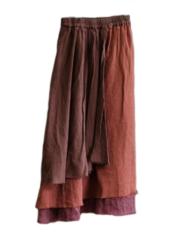 NFYM Gonna da donna casual elasticizzata in lino patchwork A-Line sfilacciato orlo grezzo hippie lunga irregolare gonna di lino, Patchwork Rosso, Taglia Unica