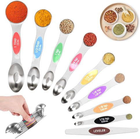 XiangSKY Magnetic Measuring Spoons Set of 9,Dual Sided Stainless Steel Stackable Teaspoon Tablespoon with Scale and Leveler, Fits in Spice Jars for Measuring Dry and Liquid Ingredients