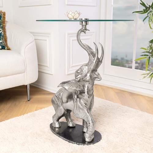 Beistelltisch ELEPHANT 60cm - schwarz silber - Sicherheitsglas | Handgefertigt, detailgetreue Elefanten-Skulptur, hochwertig, angenehme Haptik, 20 kg Belastbarkeit, Aluminiumgestell
