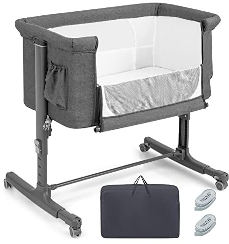 FantASK 3-i-1-babysäng & babyvagga & resesäng, 5-stegs höjdjusterbar sidosäng, 10° lutning, barnsäng inkl. madrass, bärväska, barnvagn, kan belastas upp till 9 kg (mörkgrå)